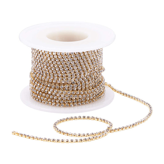 Fashewelry 10 Yards Crystal Clear Rhinestone Close Cup Chain 2mm Trimming Beaded Applique Claw Chain Roll with Golden Bezel for DIY Art Craft Clothes Wedding Party Decoration