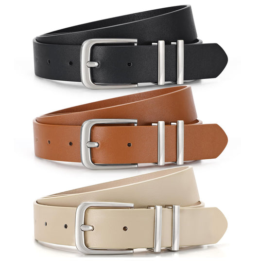 3 Pack Women's Belts for Jeans Pants Dresses Fashion Ladies Leather Waist Belt with Buckle Leather Belts,Black Beige Brown,M