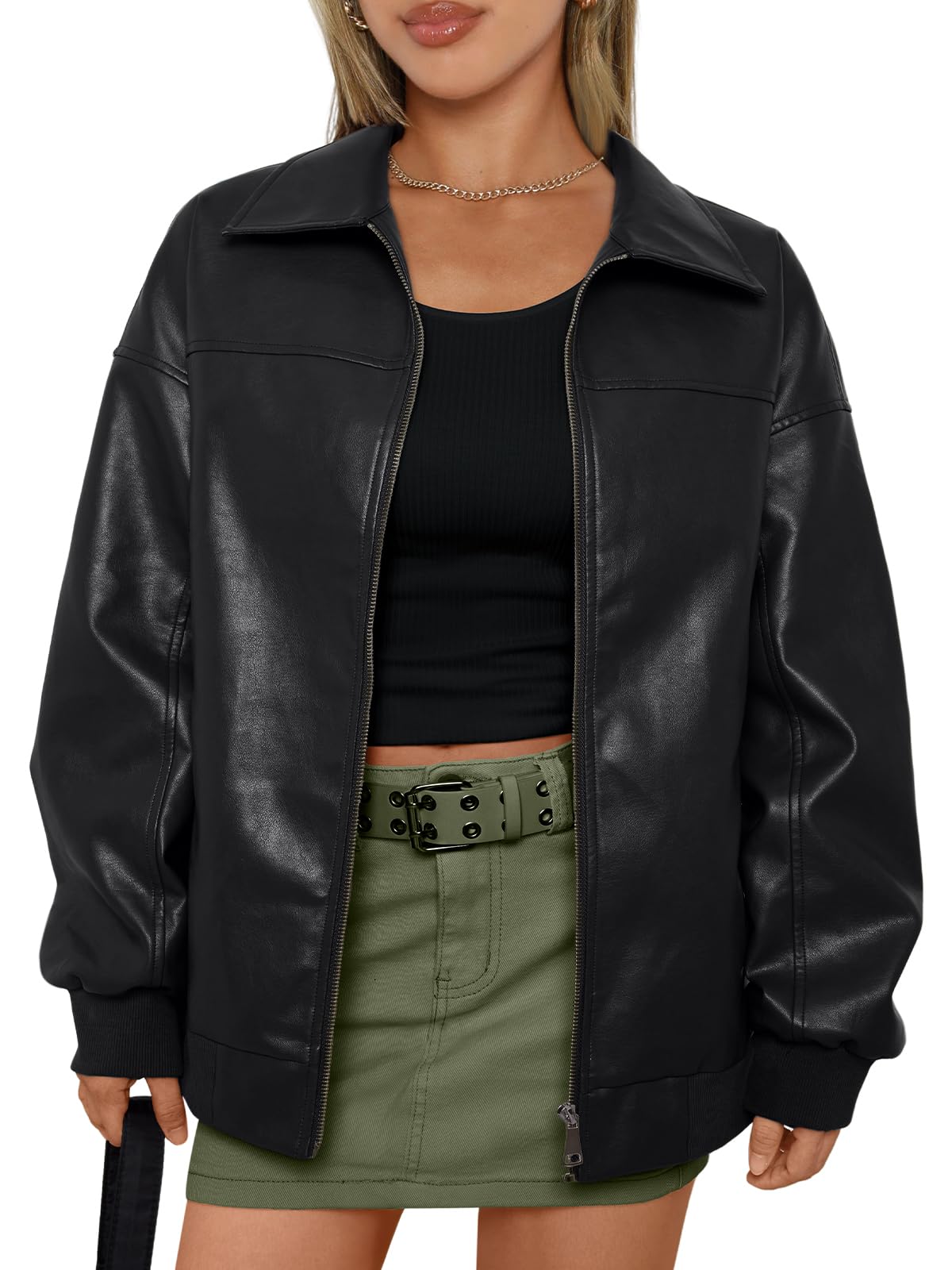 AUTOMET Womens Leather Jackets Oversized Zip Up Faux Bomber Coats 2026