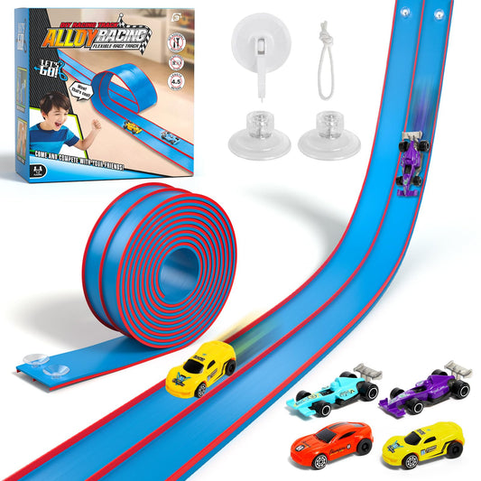 Sunrad 15Ft Flexible Race Car Track Toys for Kids with 4 Car & Suction Cups, Flex Tracks Starter Set Compatible with 1:64 Diecast Cars Portable Rolls Up DIY Racetrack, Gift for Boys Girls Age 3-5 4-8+