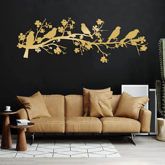 vinwipe Birds on Branch Metal Wall Decor, Metal Birds Wall Art, Bird on Flower Branch Wall Art, Nature Wall Decor, Flowers Wall Decoration, Farmhouse Bedroom Wall Hanging (Gold, 48"x16"/121x42cm)
