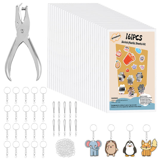 CRTWDMAN 161 Pcs Shrink Paper Keychain Kit,with 30 Pcs Shrinky Plastic Sheets 7.9"x5.7",Hole Punch,Lobster Clasps,Jump Rings DIY Crafts for Adults and Teens