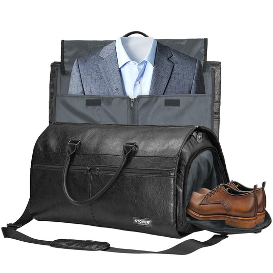 STOVER Garment Travel Duffle Bag, Large 2-in-1 Convertible Carry-on Luggage for Men & Women- Hanging Suits, Dresses & Clothes + Shoe Compartment- Weekender Tote Combo Duffel (Black Leatherette)