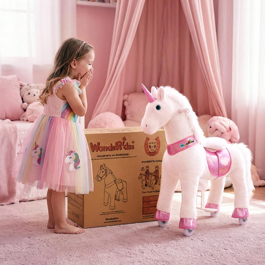 WondeRides Ride on Unicorn Horse Rider Pony Cycle Toy, 30.1 Inch Height Riding Pony White Unicorn Toy Plush Rocking Mechanical Walking Animal with Wheels No Battery Size 3 for Kids 3-4 Years M332-1