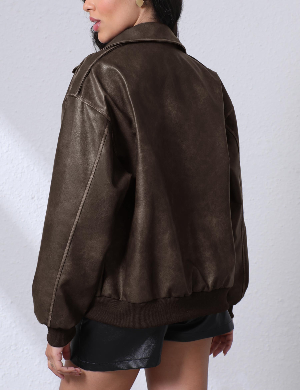 Nitzana Women's Faux Leather Jacket Trendy 2026 Oversized Zip Up Motorcycle Bomber Jacket Coats Fall Winter Outerwear Brown M