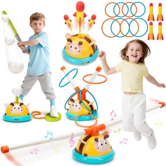 Birebebys Outdoor Toys for Kids 4-8, 4-in-1 Musical Jump Toy, Toss Ring & Baseball Game, Indside Outside Active Play Sports Toy for Toddlers Ages 3-5, for Boys Girls 3 4 5 6 7 8
