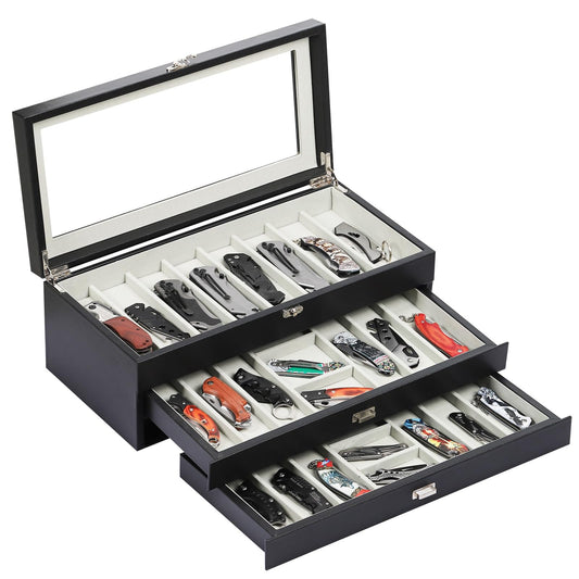 AUTOARK 3-Tier PU Leather & Velvet Knife Organizer with 26 Slots,Transparent Glass Top & Drawer,Compact Storage for Pocket Knives,Ideal for Men's Collections & Gifts,Black,MKAW016