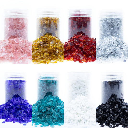 YINBEILIXU Crushed Glass Glitter Set of 8, Broken Glass Stones, Shattered Glass Gems Gravel for Resin Art Crafts,Nail Art, Vase Filler, Aquarium Decor, Jewelry Making, 3-6mm, 400g (Multicolor-a)