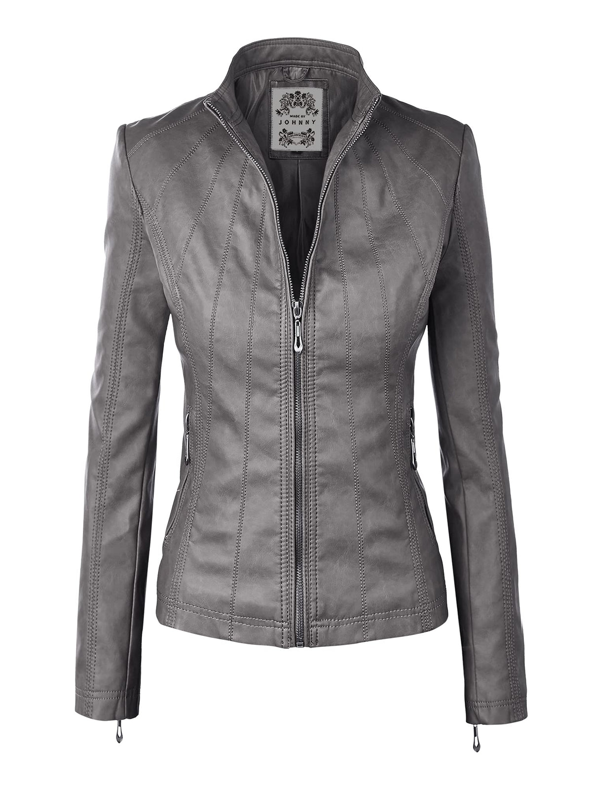 Made By Johnny MBJ WJC877 Womens Panelled Faux Leather Moto Jacket S GREY