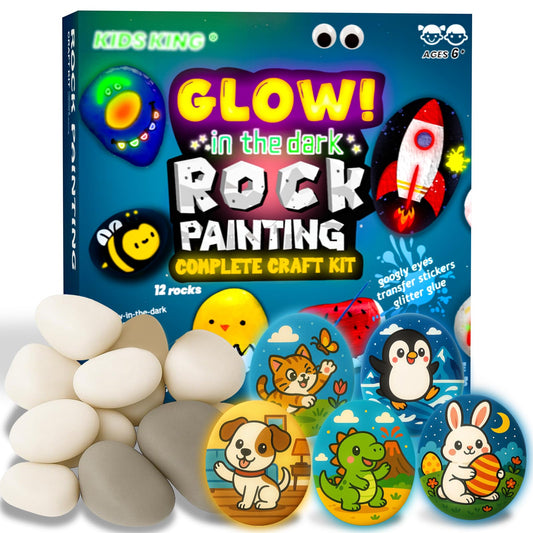 KIDS KING Glow in Dark Rock Painting Kit for Kids Ages 6-12, Art Craft for Party Drawing Activity, Creative Art Party Favors, Arts & Crafts Kit for Boys Girls Birthday Party Gift Toy