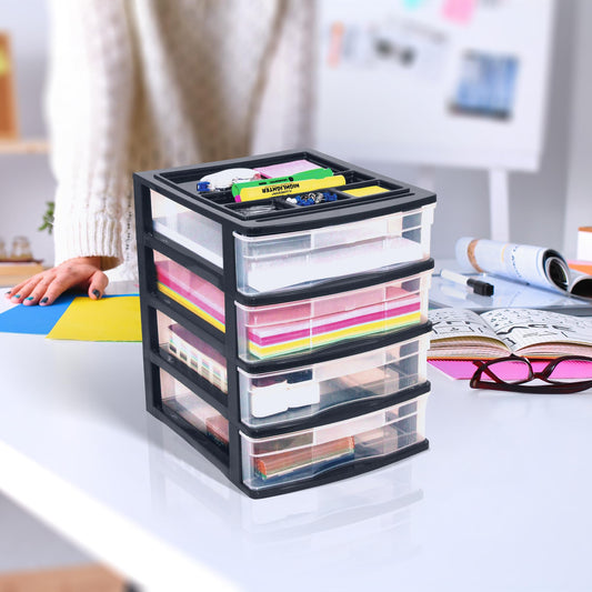 Gracious Living 4-Drawer Desktop and Countertop Storage Organizer Drawer Set, Plastic Office Desk Organizer, Black/Clear