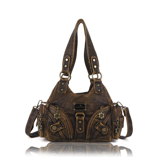 Angel Kiss Purses for Women Small Hobo Shoulder Bags Vagen Leather Multi-Pocket Tote Bag with Zipper (Retro Brown)