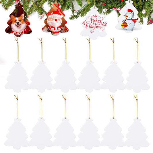 WANDIC Sublimation Ceramic Ornaments Blank, 12Pcs Christmas Tree Shaped Personalized Decoration Bulk White Ceramic Tile with Gold String for Crafting