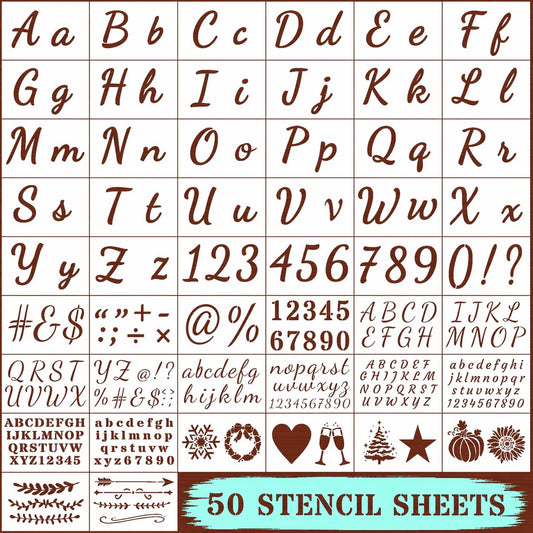 DLY Lifestyle Large Letter Stencils for Painting on Wood - 50 Pc Alphabet & Number Stencils for Crafts Reusable - Custom Cursive Lettering for Signs, Chalkboard, Fabric - Decorative & Seasonal Images
