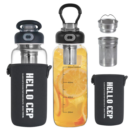 wangsdjy 34oz Glass Water Bottle with capacity Mark & Stainless Steel Tea Strainer-Large Capacity for Hot/Cold Drinks,Coffee,Tea,and Water-Includes Protective Sleeve,Perfect for Home,Office (34oz2PCS)