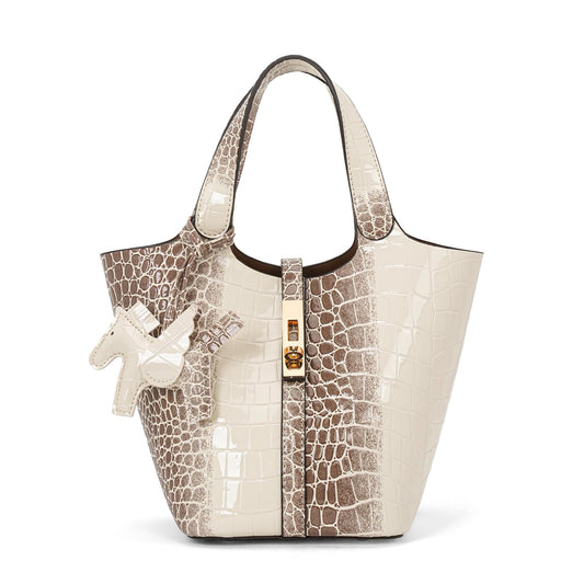 Jooniter Tote Bag for Women Vegan Leather Satchel Bags for Women Crocodile Pattern Bucket Bags Shoulder Handbag Purse Clutch Bags for Work Evening Apricot
