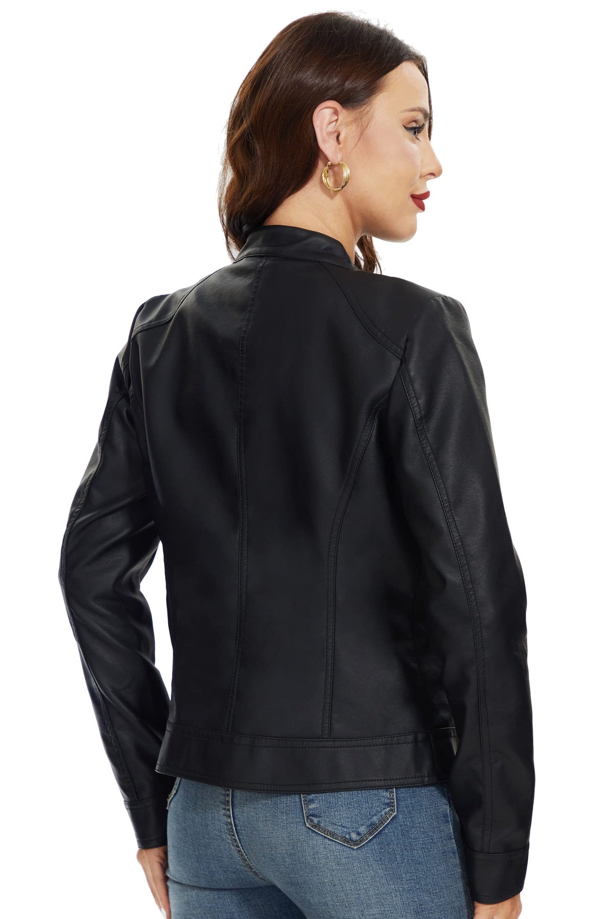 Fahsyee Women's Faux Leather Jackets, Zip Up Motorcycle Short PU Moto Biker Outwear Stand Collar Coat Size L Black