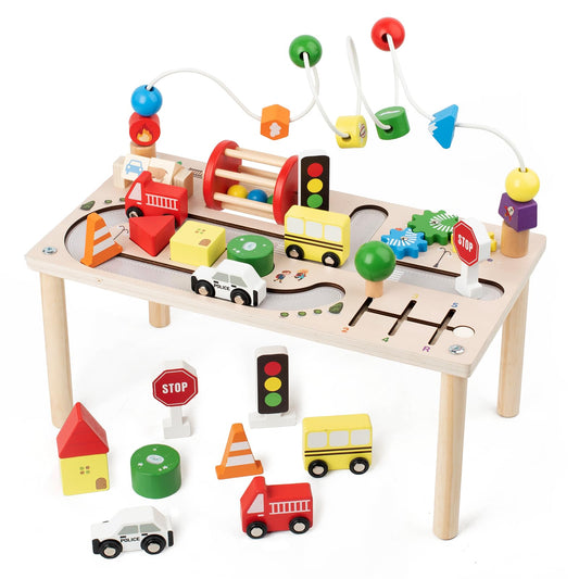 Activity Table for 1+ Year Old, Montessori Wooden Toys for Toddlers 1-3, 8 in 1 Baby Activity Table, Educational Sensory Bead Maze Toys for Babies, Learning Shape Sorter, Birthday Gifts Girls Boys