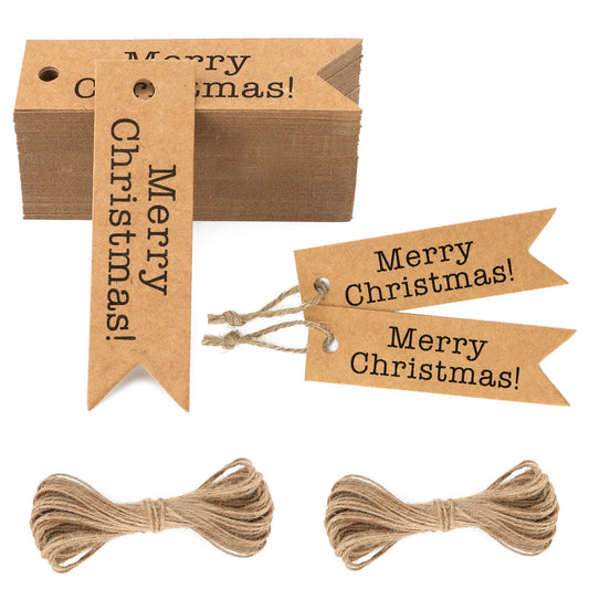 jijAcraft Merry Christmas Tags - 100Pcs Holiday Gift Tags with String, Brown Small Christmas Gift Wrapping Labels Tag for Xmas Party Favors, Jar, DIY Crafts