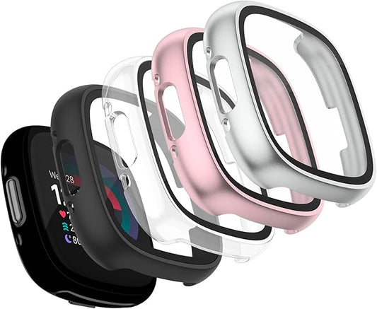 Vancle Case for Fitbit Versa 4 / Fitbit Sense 2, 4-Pack Screen Protector Tempered Glass Full Around Hard PC Case with Sensitive Touch Film Protective for Fitbit Sense 2 / Versa 4(Black + Transparent + Silver + Rose Gold)