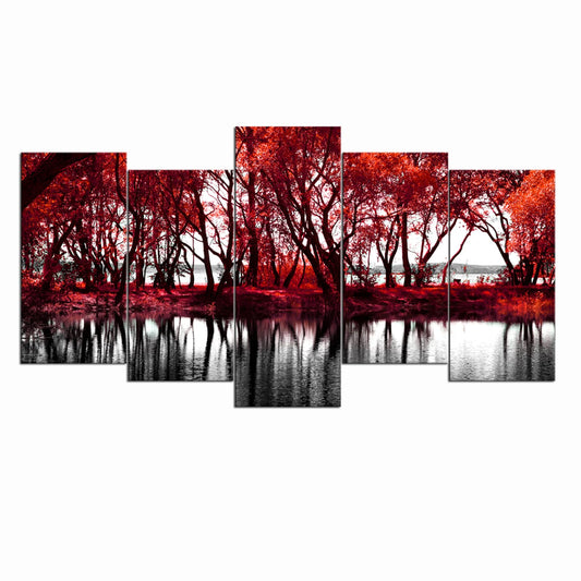 LevvArts - Black and White Red Canvas Wall Art Red Tree Forest by Lake Pictures Autumn Landscape Painting Modern Home Decor Giclee Artwork Stretched and Framed Ready to Hang