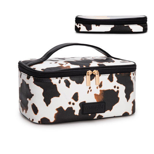 Montana West X Wrangler Travel Makeup Bag 2pcs Set Large Cosmetic Bag with Makeup Brush Holder Portable Make Up Organizer Cute Toiletry Bag with Divider and Handle for Women