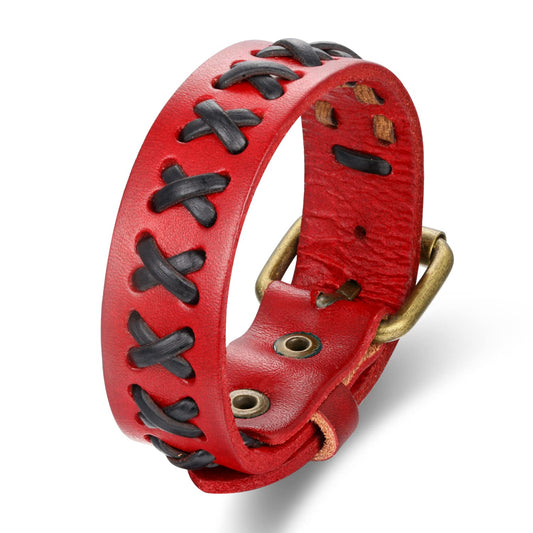 BIYONGDE Mens Red Leather Wristband Bangle Bracelet Interwoven with Black Leather, Buckle Clasp, Cool Stylish