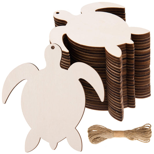AWIZOM 48 Pcs Wooden Sea Turtle Cutouts Unfinished Wood Sea Turtle Shape Ornaments Blank Wooden Summer Slices with 32.8 Ft Twine for DIY Craft Tags Summer Ocean Sea Theme Hanging Decor,3.94x3.7