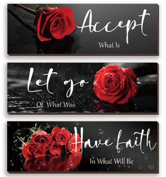 3 Pcs Red Decor Flower Inspirational Wooden Wall Art Red Roses Office Wall Decor with Accept Let Go Have Faith Positive Quotes for Girl Women Bathroom Living Room Bedroom(Red Rose12 x 4 Inch)
