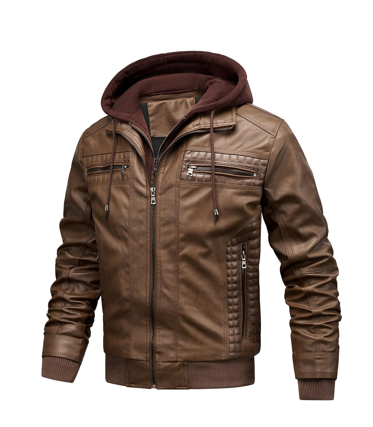 INVACHI Men's Leather Jacket Motorcycle Bomber Jacket Windproof PU Vintage Jacket with Removable Hood