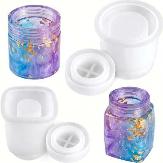 NiArt Epoxy Resin Casting Soft Silicone Mold Wide Mouth Screw-On Cap Bottles (Cuboid+Straight-Sided Cylinder), DIY Art Craft Multipurpose Home Lid Storage Container Jewelry Jar Holiday Decoration