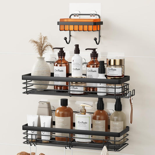 Orimade Shower Caddy - Wall-Mounted Soap Dish Holder with 5 Hooks | No Drilling, Stainless Steel - 3 Pack, Black