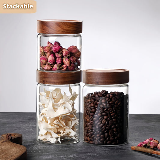 28 Fl oz/850 ml Glass Food Storage Jar, Premium Clear Glass Container Jar with Airtight Screw-on Wooden Lid, Kitchen Canisters for Coffee,Tea,Pasta,Cookies, Nuts,Spice,Candy,Overnight Oatmeal（Medium）