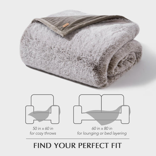 EVERGRACEHOME Luxury Soft Faux Chinchilla Fur Throw Blanket for Couch, Warm Thick Heavy Winter Throw Blanket 1220GSM for Bed, Fluffy Cozy Mink Blanket with Reversible Velvet, Champagne Fawn, 60"x80"