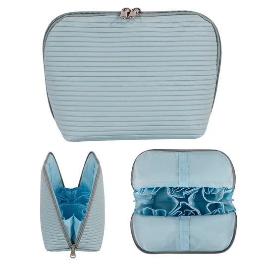 Tense Edano Travel Makeup Bag for Women, Waterproof Stand Up Cosmetic Bag with Brush Holders, Organizer Bag with Compartments, Fold-Down Design for Skincare, Toiletries & Essentials (Blue, Medium)