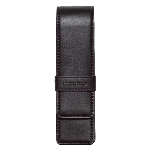 DiLoro Leather Double Pen Case Pencil Pouch Holder for Two Fountain Ballpoint Rollerball Pens and Pencils (Espresso Dark Brown)