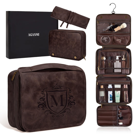 Aganmi Personalized Hanging Toiletry Bag Travel Gifts for Men Him, 3-in-1 Large Laser-Engraved Initial Waterproof PU Leather Shaving Bag Valentines Birthday Gift for Men Dad Husband Dark Brown M