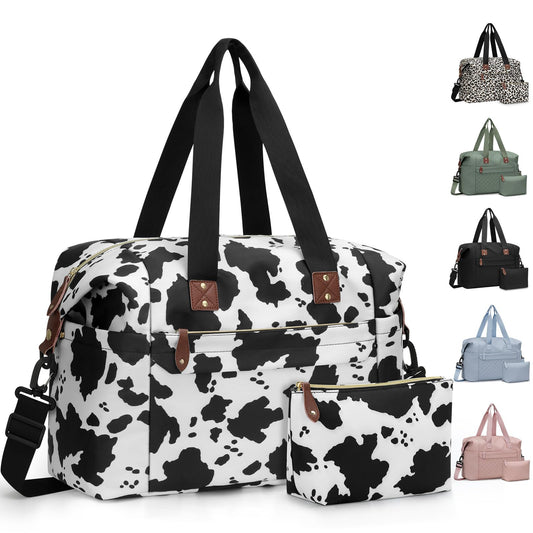 Pritent Travel Duffle Bag, Waterproof Weekender Overnight Hospital Bags for Women Men with Toiletry Bag Lightweight Personal Item Duffle Gym Bag for Travel, Airplanes, Sports(Cow Print, Large)