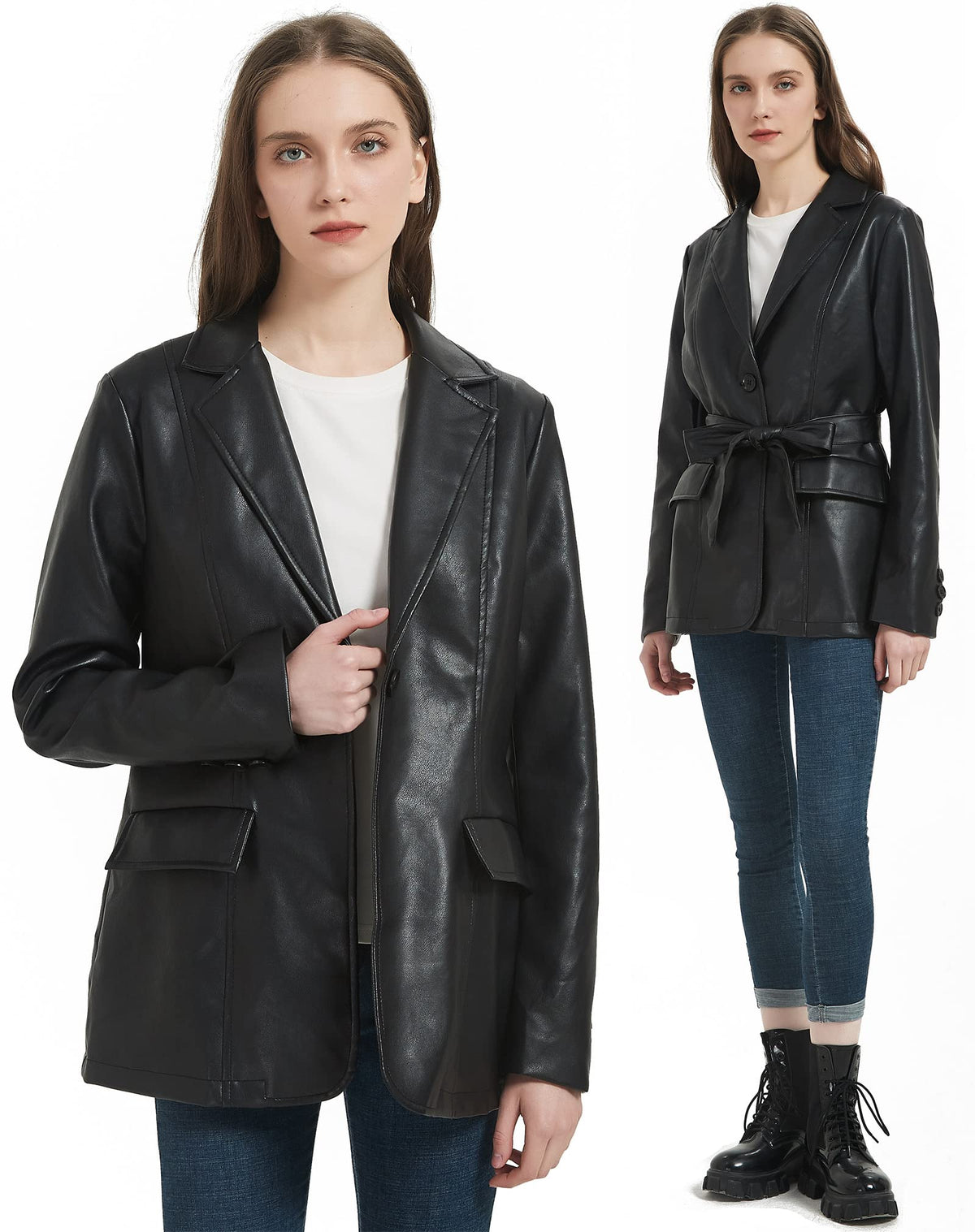 RISISSIDA Women Faux Leather Blazer Jacket with Belt,Soft PU Coat,Black,S