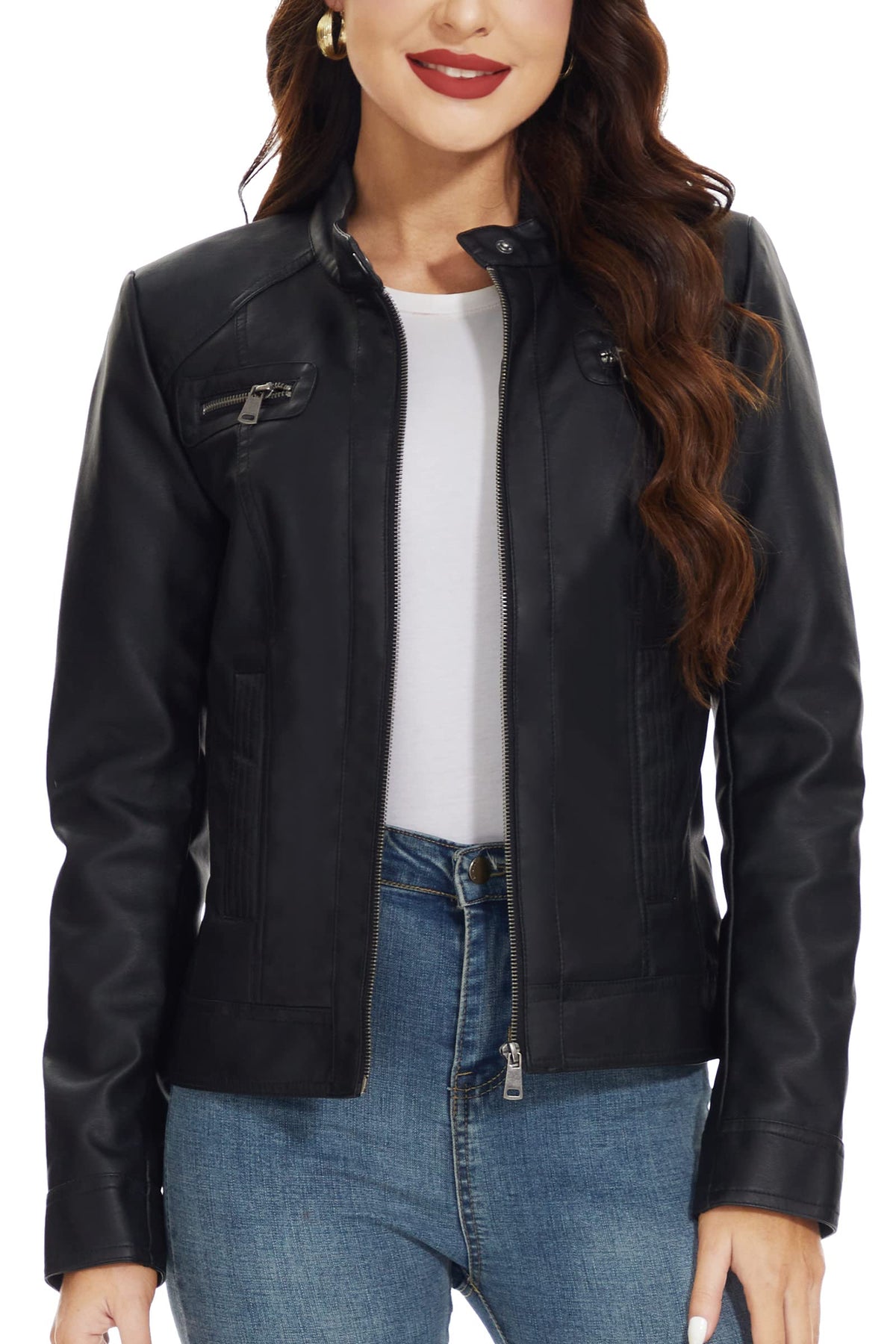 Fahsyee Women's Faux Leather Jackets, Zip Up Motorcycle Short PU Moto Biker Outwear Stand Collar Coat Size L Black