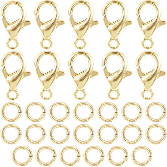 BEIQIYA 30pcs Lobster Claw Clasps & Jump Rings, 14K Gold Plated Metal Lobster Clasps, Jump Rings Jewelry Finding Kit for Necklace Bracelet Jewelry Making