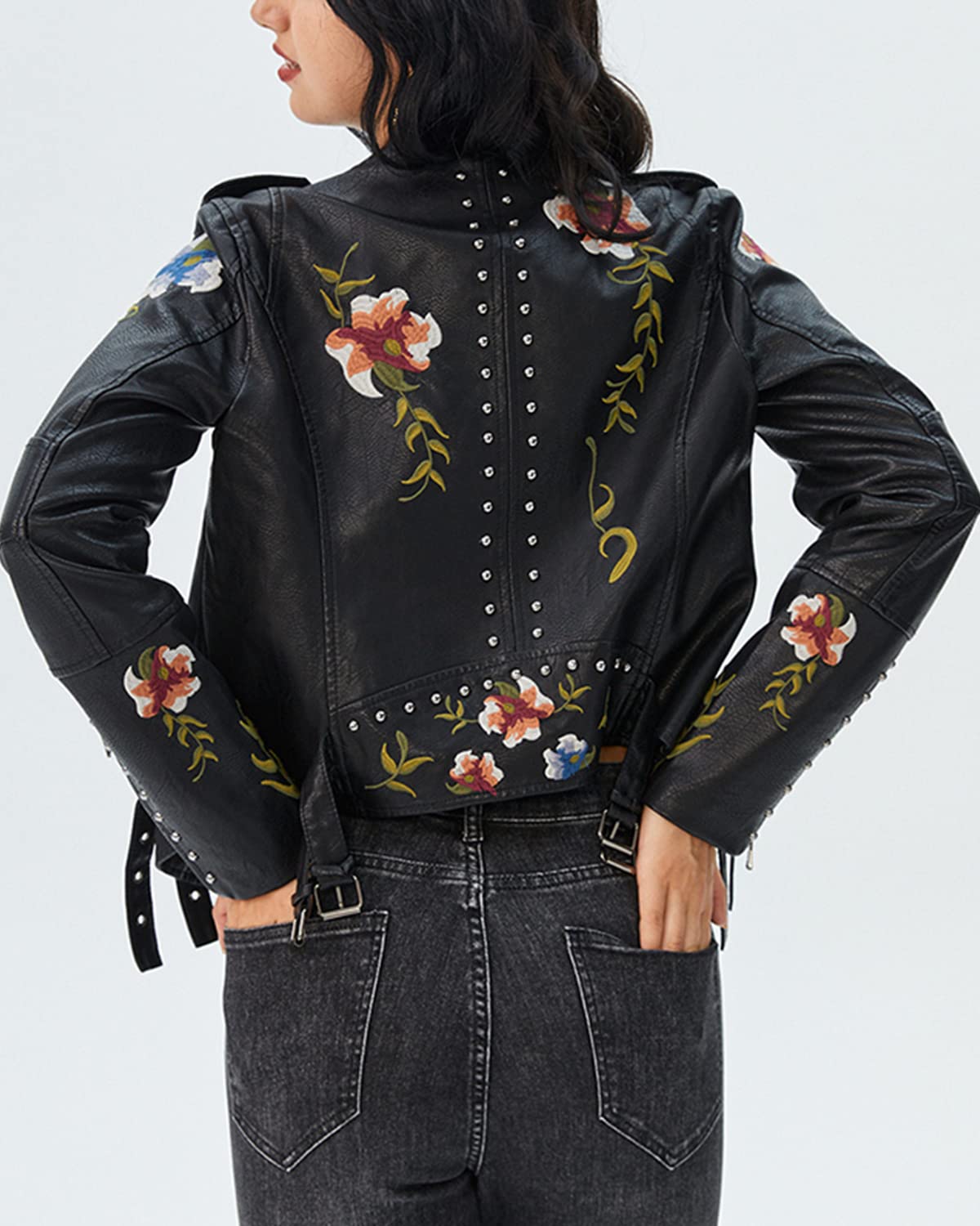 YILANUOYI Women's Embroidered Studded Faux Leather Jacket Moto Punk Jacket Floral Coat (M, XHPY Black)