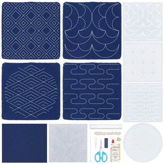 WEBEEDY 4 Sets Sashiko Starter Coaster Kit for Beginners, Japanese DIY Tea Mat Sewing Kit with Sashiko PET Templates, Needles, Thread for Table Cup Mat Embroidery Christmas Craft Decor Gift
