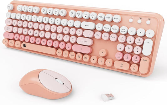 TKVPJYYI 2.4GHz Set Wireless Keyboards Mouse Combos, Colorful Cute Typewriter Full-Size Retro Round Keycaps, Cordless