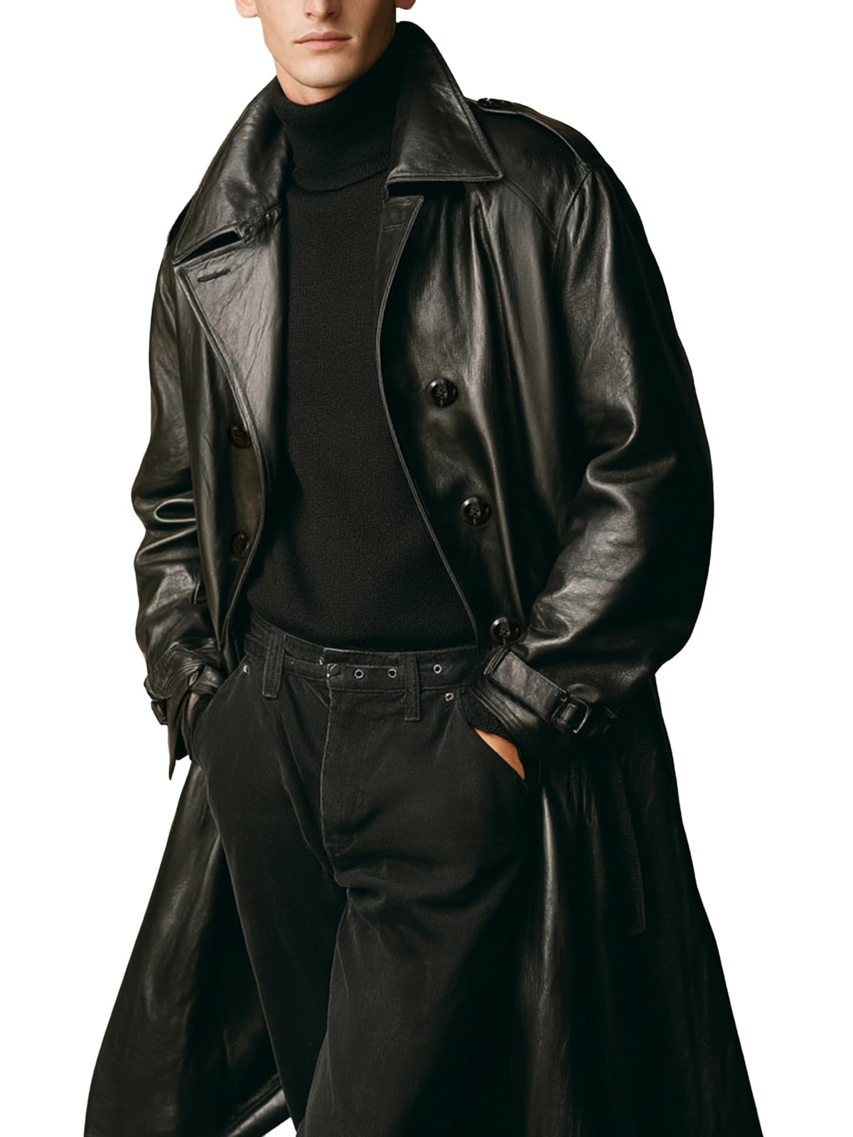 WPKDS Men's Genuine Leather Trench Coat, Mid-Length Double Breasted with Belt, Leather Overcoat Jacket (US, Alpha, XX-Large, Regular, Regular, Black)
