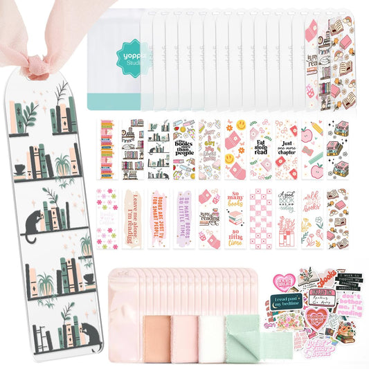 YOPPIX 6x2” Acrylic Bookmark Blanks- 20 Set Bookmark Making Kit with 20 UV DTF Stickers About Booklover Theme 20 Ribbon 80 Bookish Stickers for DIY Your Crafts Gift for Book Lover