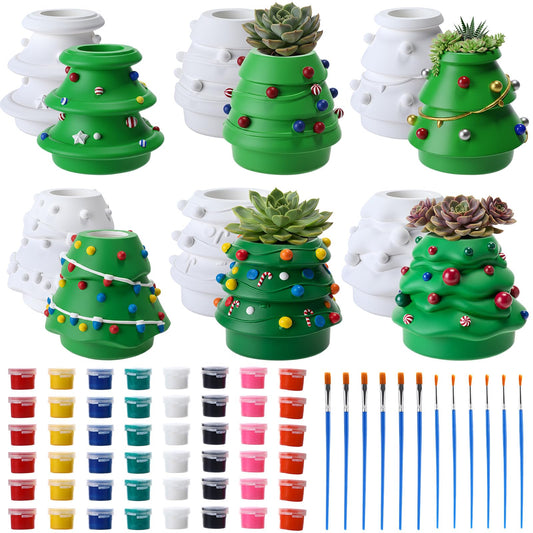 Vesici 6 Sets Christmas Paint Your Own Succulent Planter Ceramic Mini Unpainted Flower Pots Xmas Trees DIY Paintable Bisque Gift for Winter Holiday Craft Project Activity Party Favor