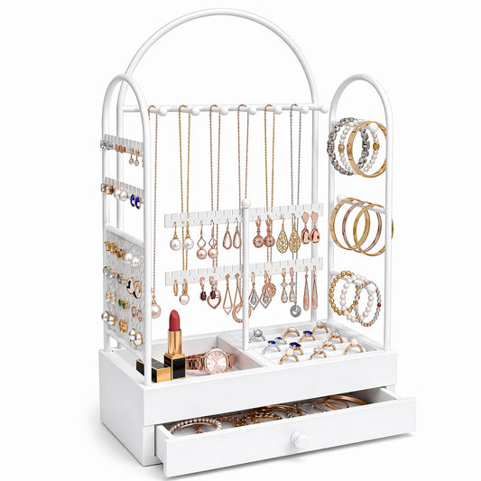 TerraKit White Vanity Jewelry Organizer Stand with Drawer, Earring Holder and Necklace Bracelet Organizer, Metal & Wood Jewelry Display Stand for Earrings, Rings, Bracelets, Dresser & Bedroom