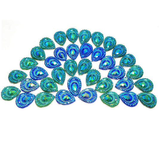 DZS Elec 50pcs Birdseye Water Drop Blue and Green Double Color Edge Flat Bottom Resin Peacock Feather Rhinestones Beads for Sewing DIY Crafts Accessories