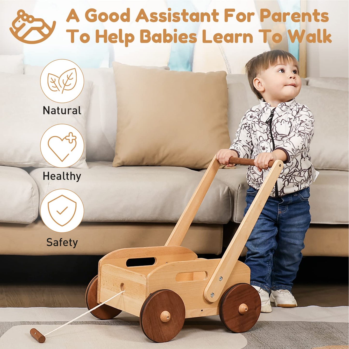 Woodtoe Wooden Baby Walker, Adjustable Speed Baby Push Walker, Montessori Push Toys for Babies Learning to Walk, Educational Walking Toys Gift for Toddler Boys Girls 1 2 3 Years Old